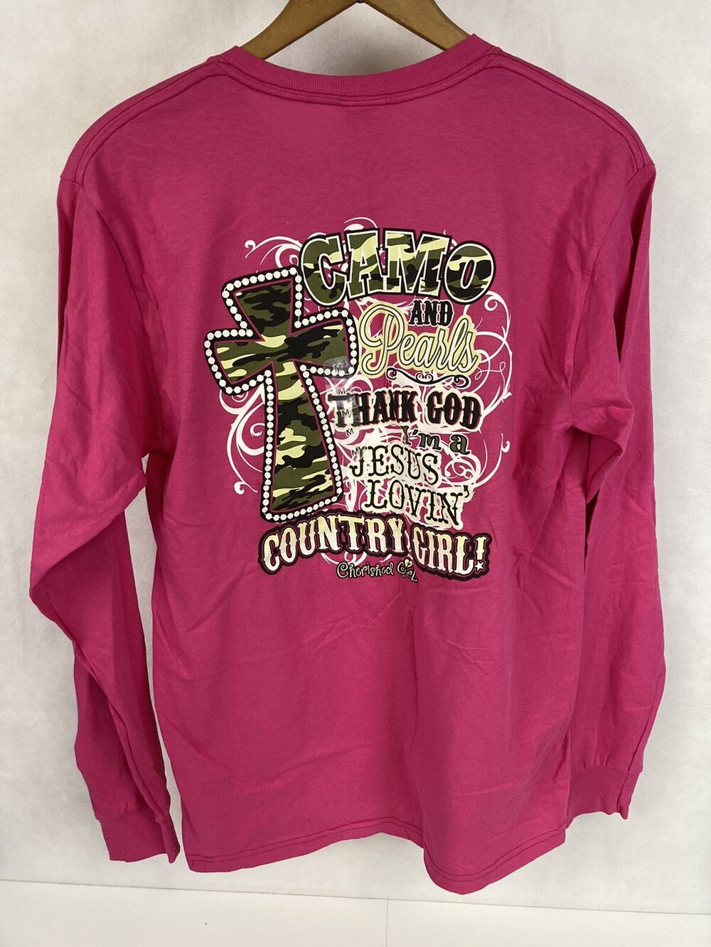 NWT Womens Christian Camo Pink Tee Cherished Girl Jesus Country Faith TShirt